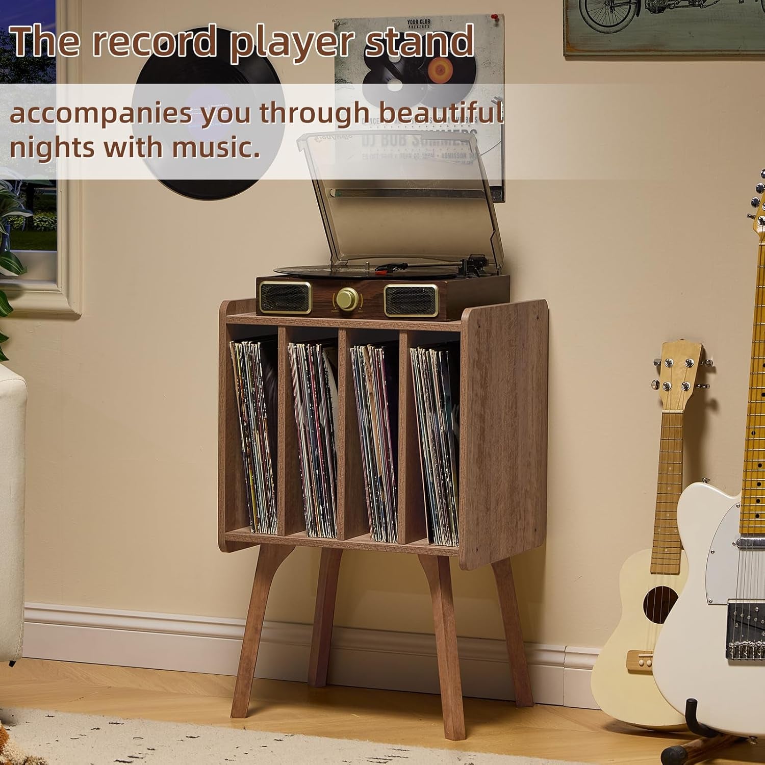 Record Player Stand,Vinyl Record Storage Table with 4 Cabinet up to 100 Albums,Mid-Century Modern Turntable Stand with Wood Legs,Oak Grey Vinyl Holder Display Shelf for Bedroom Living Room