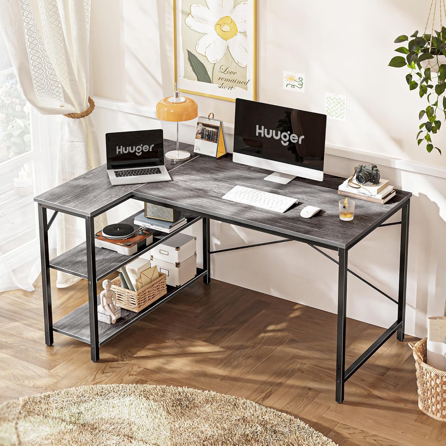 L Shaped Desk, 47 Inches Computer Desk with Reversible Storage Shelves, for Gaming Corner Home Office Writing Study, Metal Frame, Gray