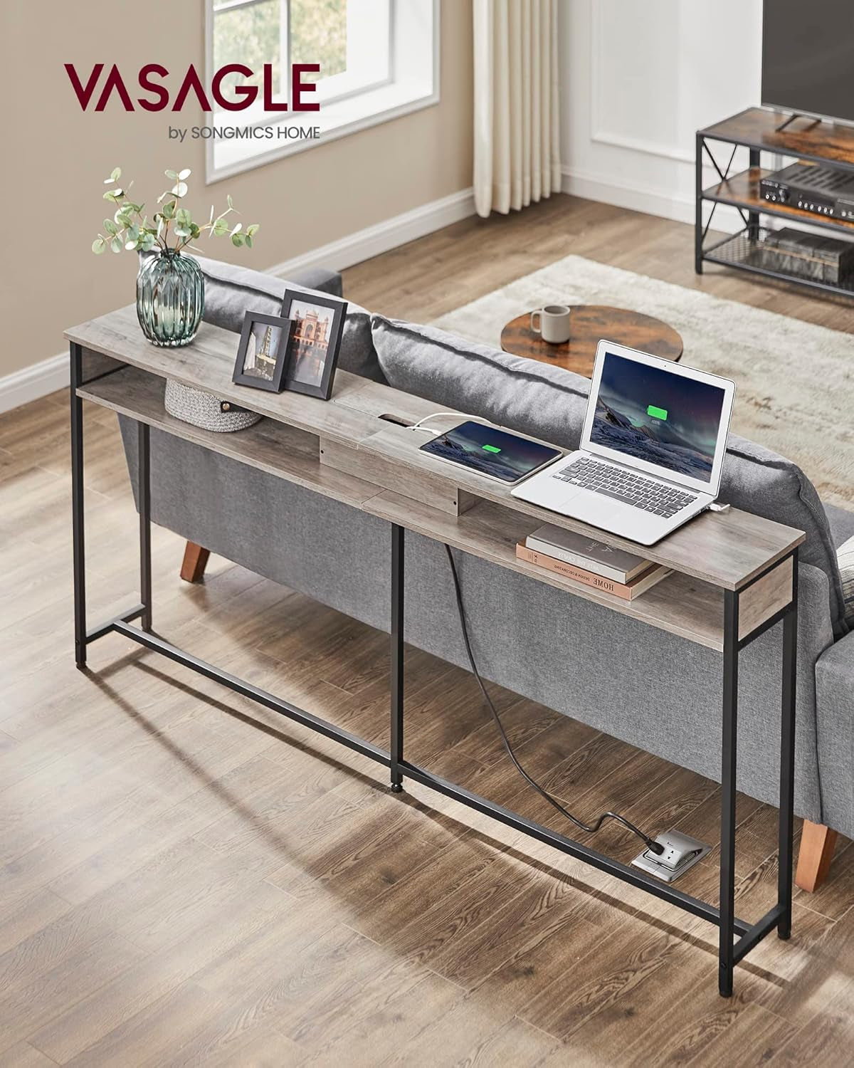 70.9-Inch Console Table with Outlet and Shelves, Sofa Table with Charging Station, behind Couch Table Skinny, Entryway Table for Hallway, Living Room, Rustic Brown and Ink Black ULNT118B01