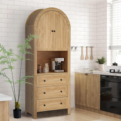 71” Tall Arched Storage Cabinet with Drawer,Farmhouse Arched Bookcase with Door,Freestanding Arch Tall Pantry with Countertop for Kitchen Living Room (Natrual, 71Inch)