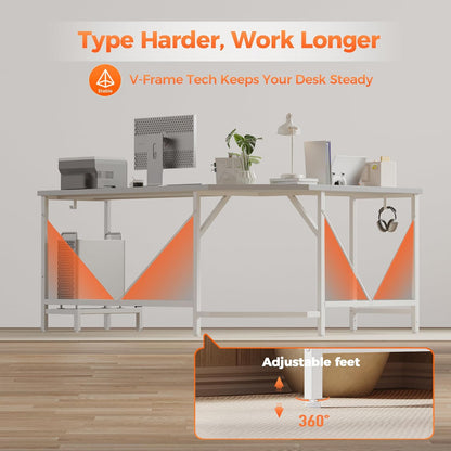 66 Inch Large L Shaped Desk, Simple Corner Gaming Desk with CPU Stand & Hooks, Computer Desk for Home, Bedroom & Office Workspace, Rustic Brown