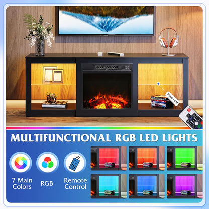Fireplace TV Stand for up to 65 Inch Tvs, Modern LED Entertainment Center with Electric Fireplace Heater & Adjustable Glass Shelves, Sturdy Media Console for Living Room, Bedroom,Gaming (Black)