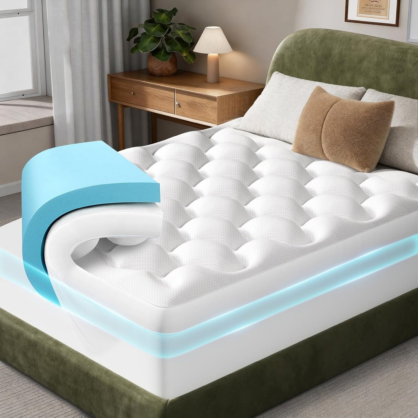 Cooling 4 Lnch Queen Size Dual Layer Mattress Topper, 2 Inch Gel Memory Foam, 2 Inch Soft Pillow Top Pad, Guest Bedroom Essentials Mattresses Cover, Extra Comfortable Sleep and Back Pain Relief