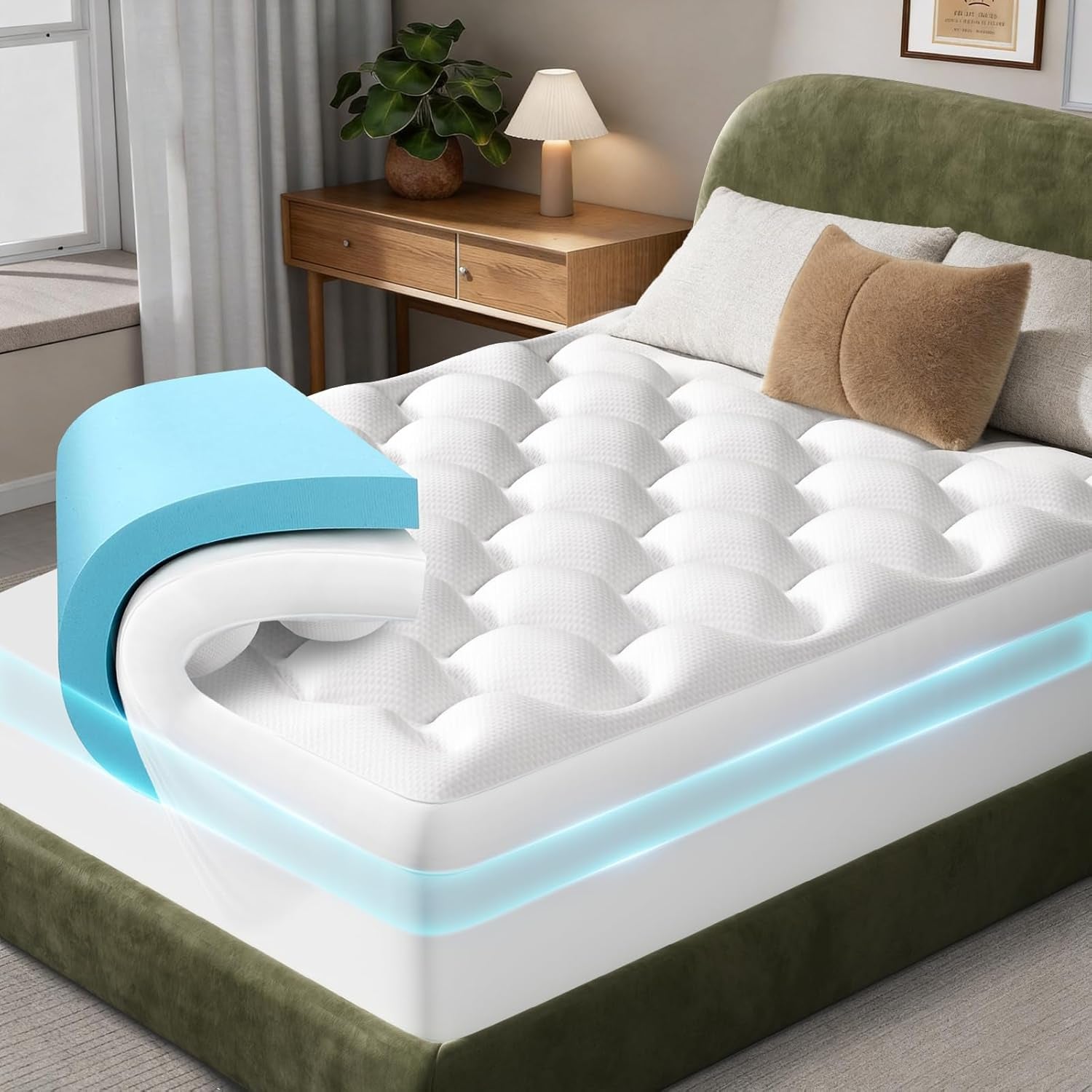 Cooling 4 Lnch Queen Size Dual Layer Mattress Topper, 2 Inch Gel Memory Foam, 2 Inch Soft Pillow Top Pad, Guest Bedroom Essentials Mattresses Cover, Extra Comfortable Sleep and Back Pain Relief