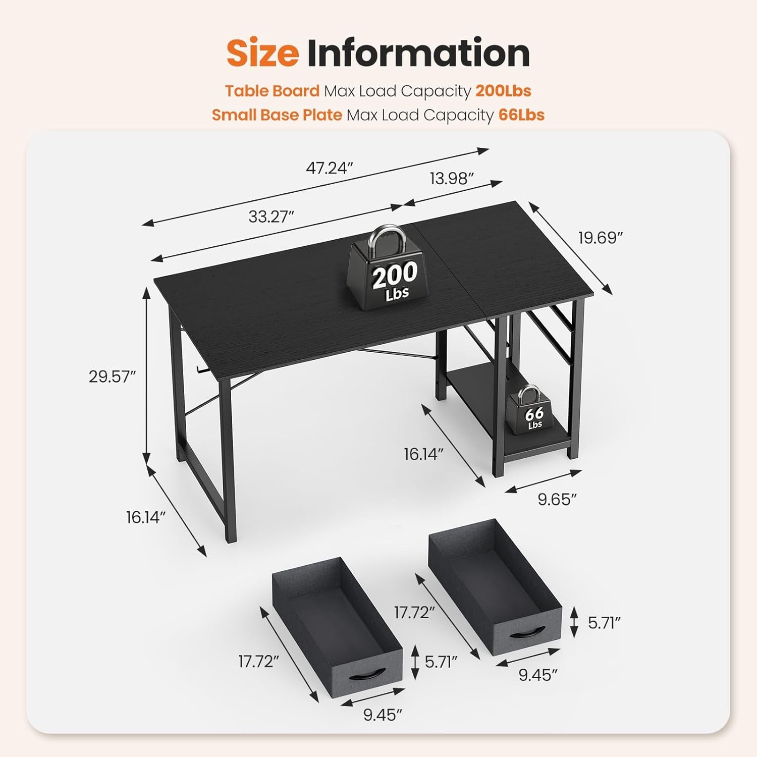 47 Inch Computer Desk with Drawers for Home Office, Writing Desk with X-Shaped Reinforcement, Wood Table with Adjustable Position Drawers, Modern Study Work Table with Side Hook, Black