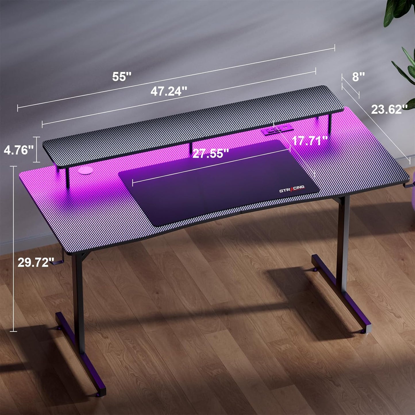 55 Inch Gaming Desk with LED Lights & Power Outlet, Computer Gamer Desk with Monitor Stand, Ergonomic Carbon Fiber Gaming Table Home Office Desk with Headphone Hook & Mouse Pad