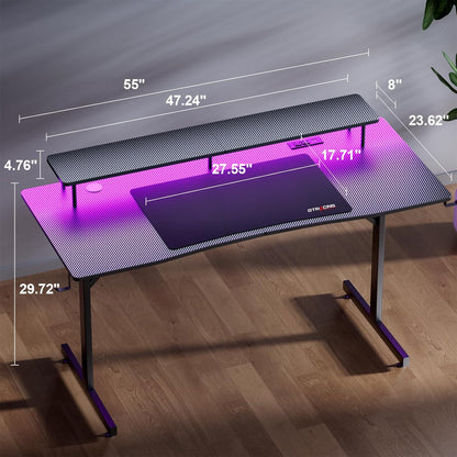 55 Inch Gaming Desk with LED Lights & Power Outlet, Computer Gamer Desk with Monitor Stand, Ergonomic Carbon Fiber Gaming Table Home Office Desk with Headphone Hook & Mouse Pad