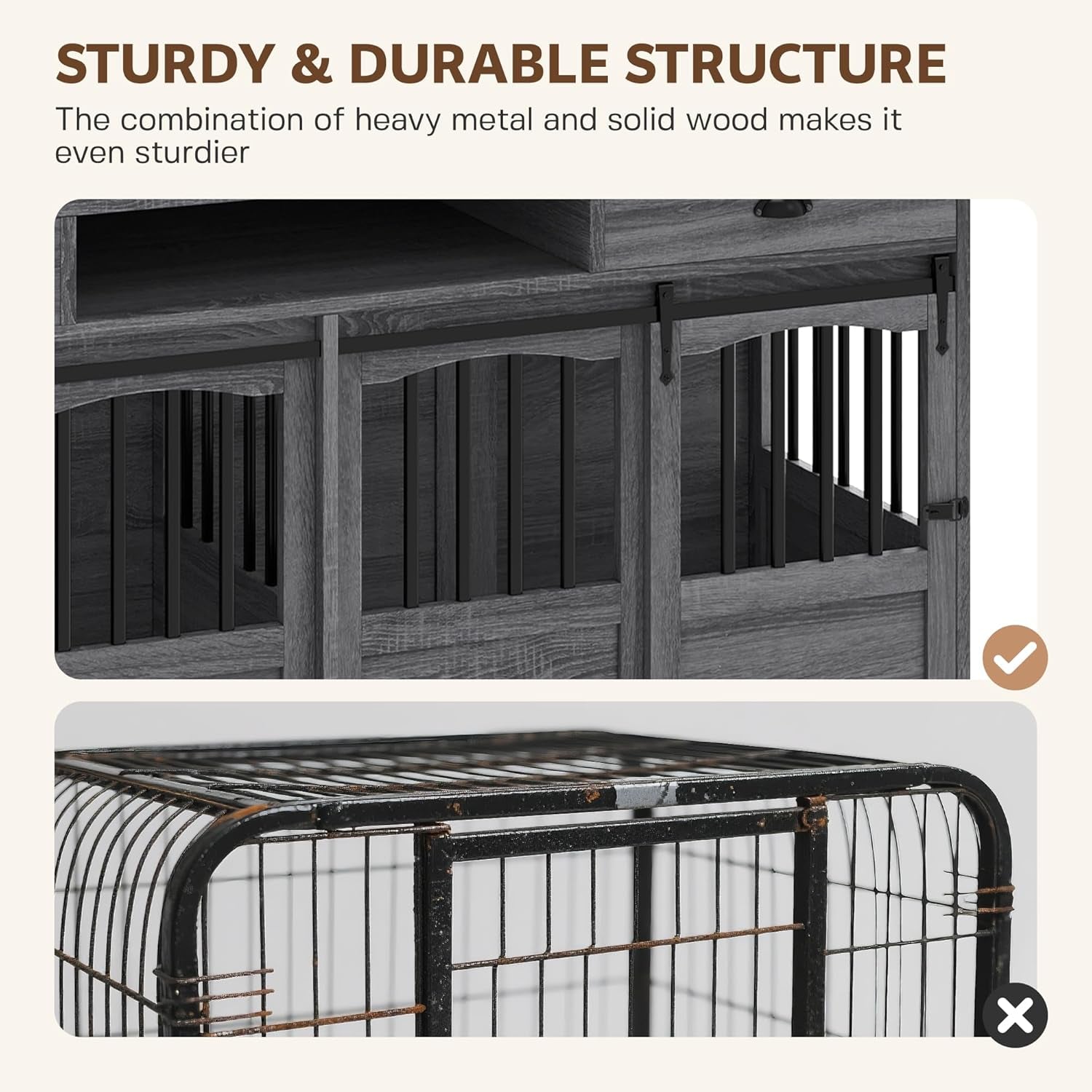 72" Double Dog Crate Furniture with Storage for 2 Medium Large Dogs Farmhouse Wooden Dog Kennel Furniture with 2 Sliding Doors Divider & Power Outlet Decorative Dog Cage TV Stand Grey