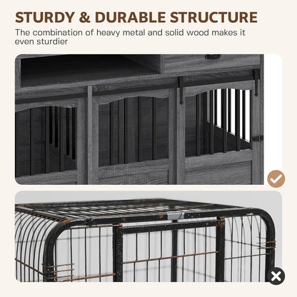 72" Double Dog Crate Furniture with Storage for 2 Medium Large Dogs Farmhouse Wooden Dog Kennel Furniture with 2 Sliding Doors Divider & Power Outlet Decorative Dog Cage TV Stand Grey