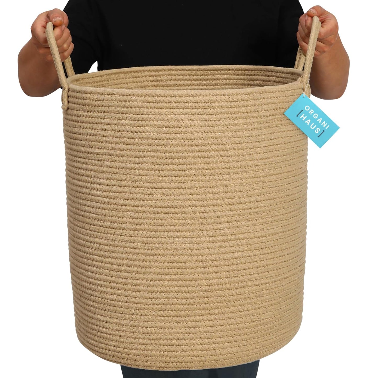 Large Woven Laundry Basket W/Handles 52L, Rope Dirty Clothes Hamper, Blanket Basket for Living Room, Baby Laundry Hamper for Nursery, Soft & Durable Decorative Organizer Bin - Honey