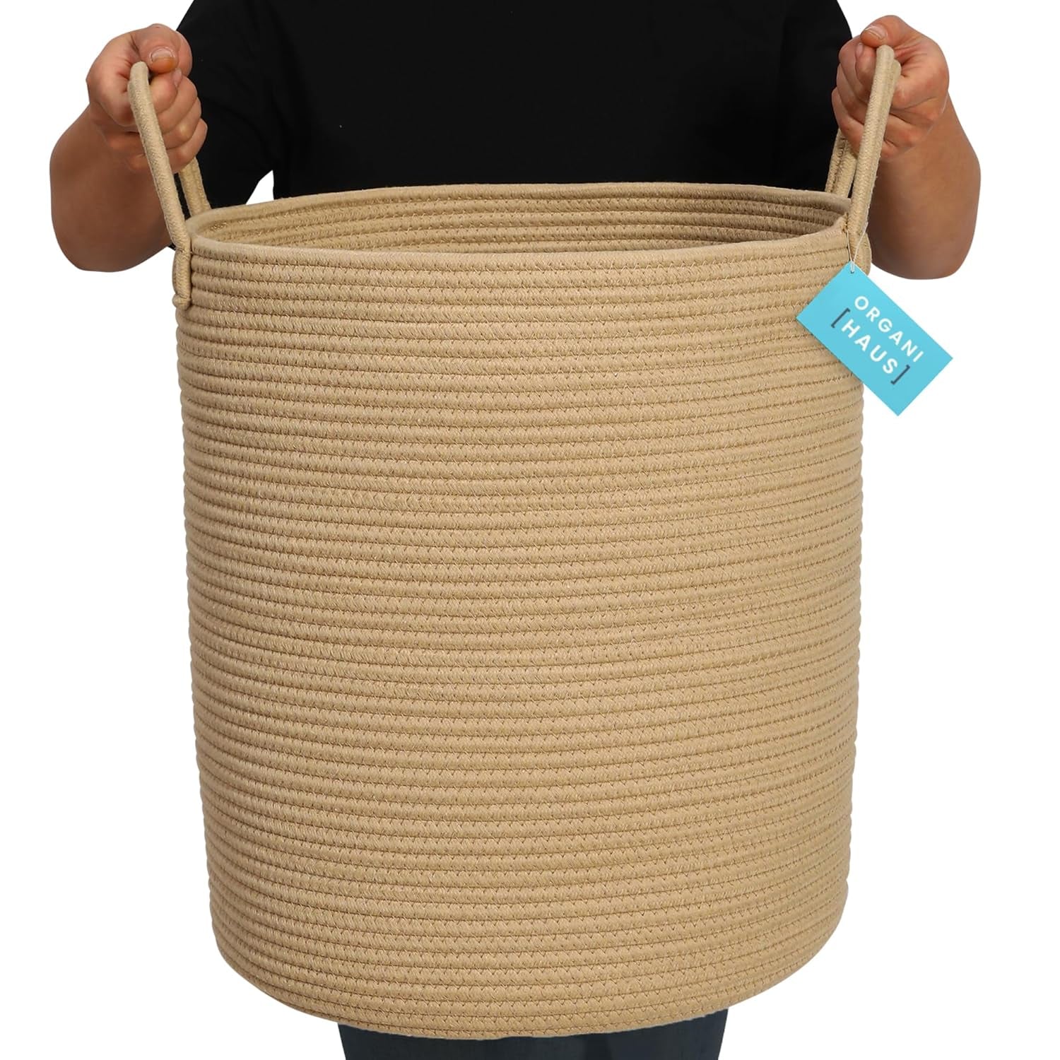 Large Woven Laundry Basket W/Handles 52L, Rope Dirty Clothes Hamper, Blanket Basket for Living Room, Baby Laundry Hamper for Nursery, Soft & Durable Decorative Organizer Bin - Honey