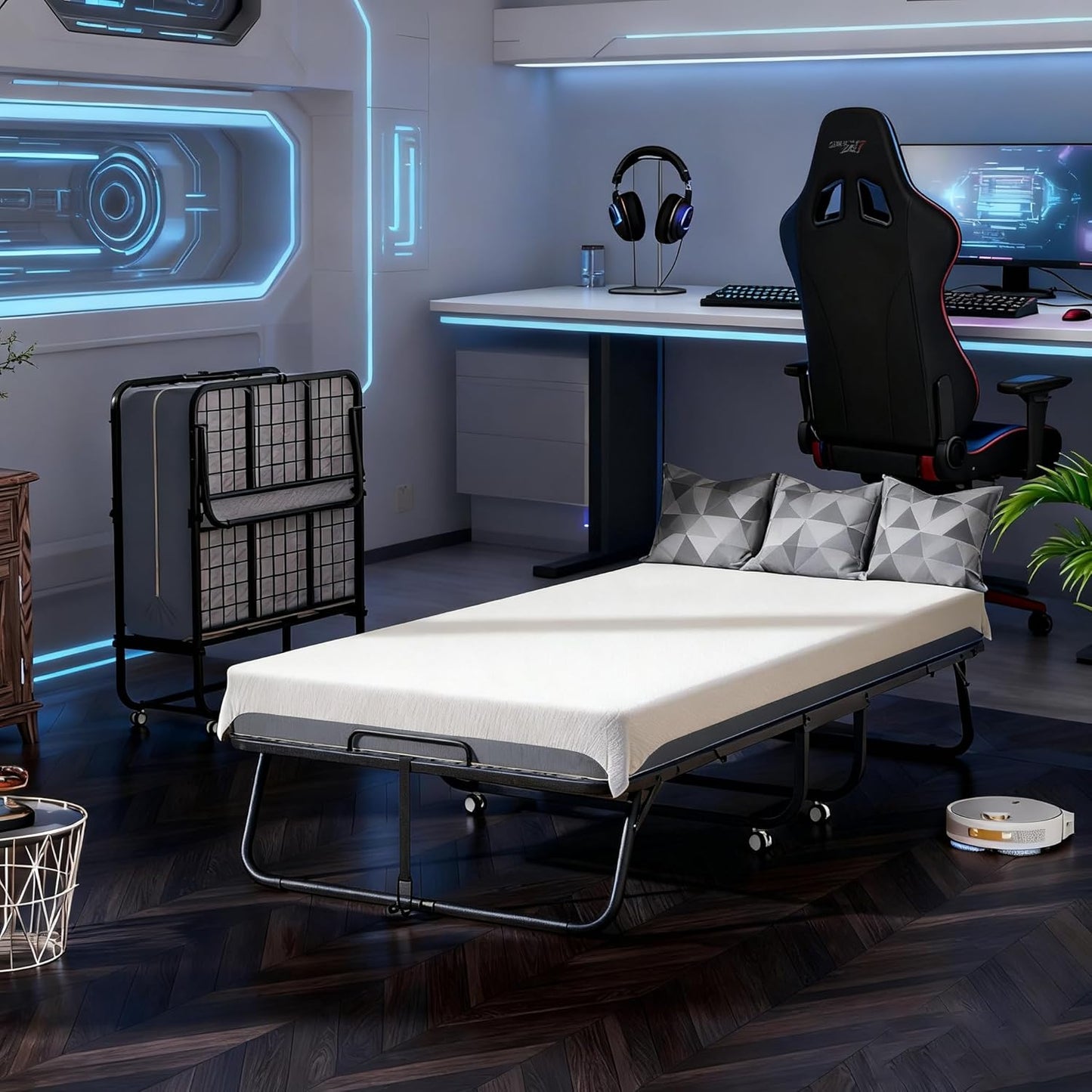 Folding Bed with Mattress, Twin Foldable Bed, Roll Away Beds for Adults, 75" X 31" Roll Away Portable Beds with 5" Mattress, Folded Frame for Small Apartment, Guest Room