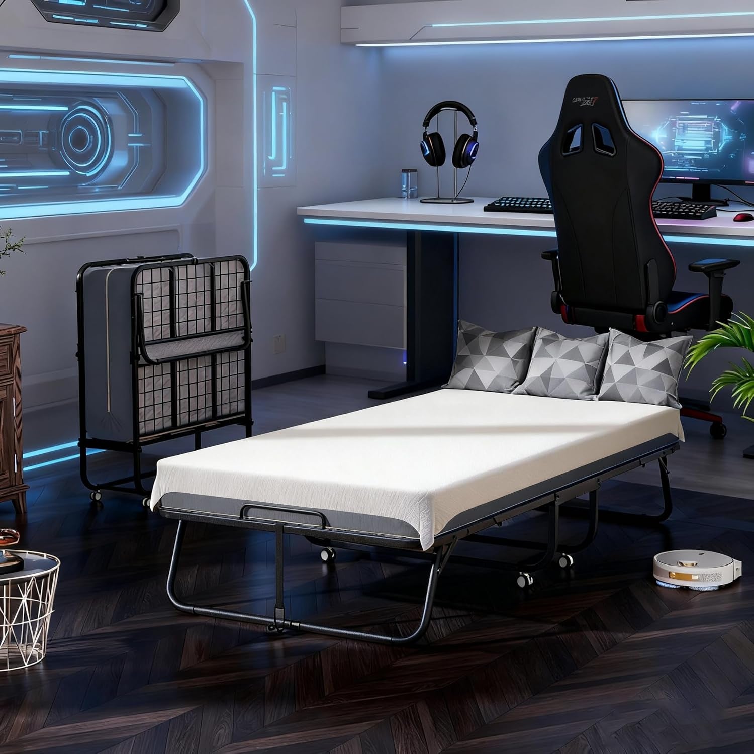 Folding Bed with Mattress, Twin Foldable Bed, Roll Away Beds for Adults, 75" X 31" Roll Away Portable Beds with 5" Mattress, Folded Frame for Small Apartment, Guest Room