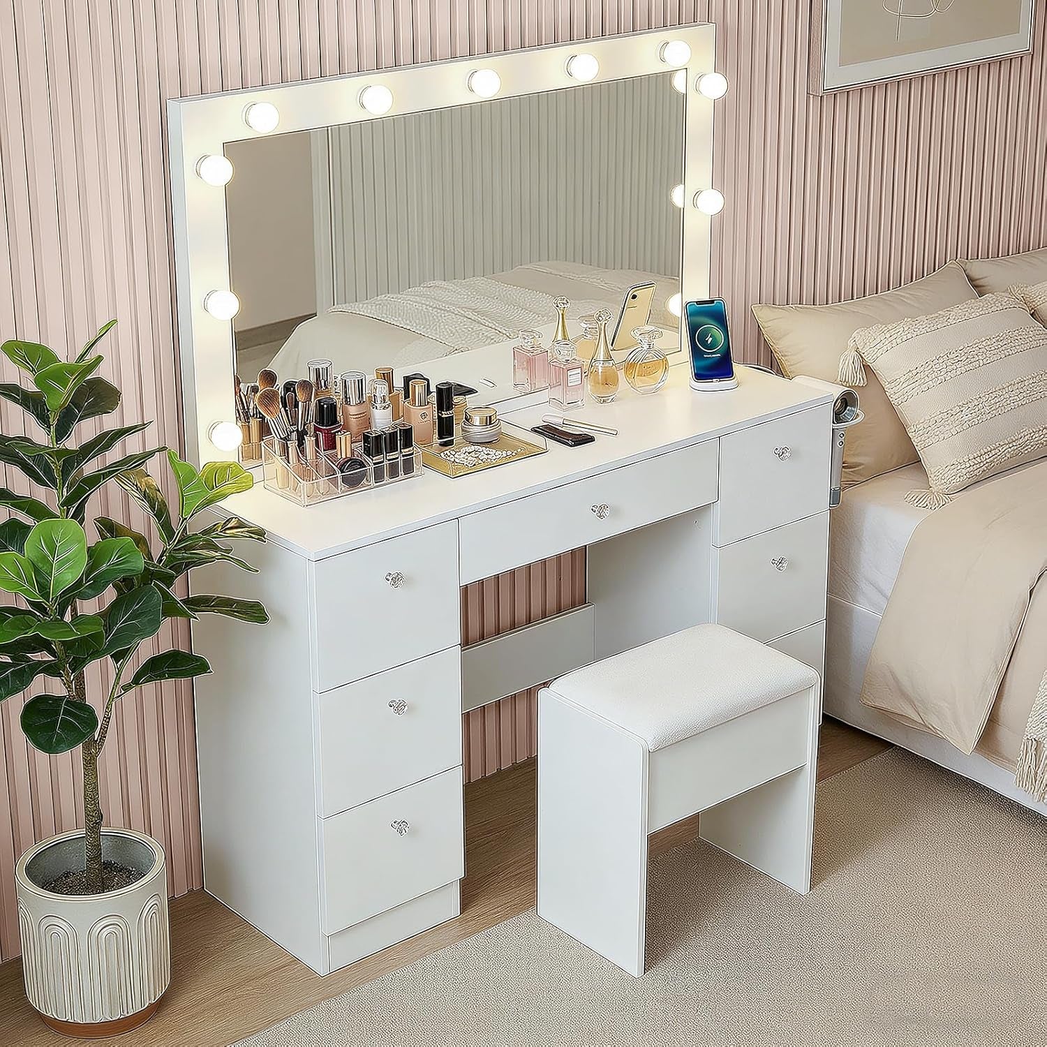 Sweetgo 46" Vanity with Lighted Mirror, Glass Top Makeup Vanity Desk with LED Lights, 3 Color Modes, Charging Station, 7 Drawers Vanity Table Set with Stool for Bedroom, White