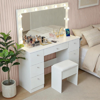 Sweetgo 46" Vanity with Lighted Mirror, Glass Top Makeup Vanity Desk with LED Lights, 3 Color Modes, Charging Station, 7 Drawers Vanity Table Set with Stool for Bedroom, White