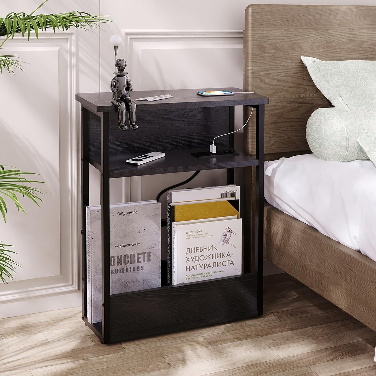 Narrow Side Table with Charging Station, 3 Tier Slim End Table for Small Spaces, 23.6 Inch Height Thin Tables with Storage Shelf and Magazine Rack for Living Room, Black