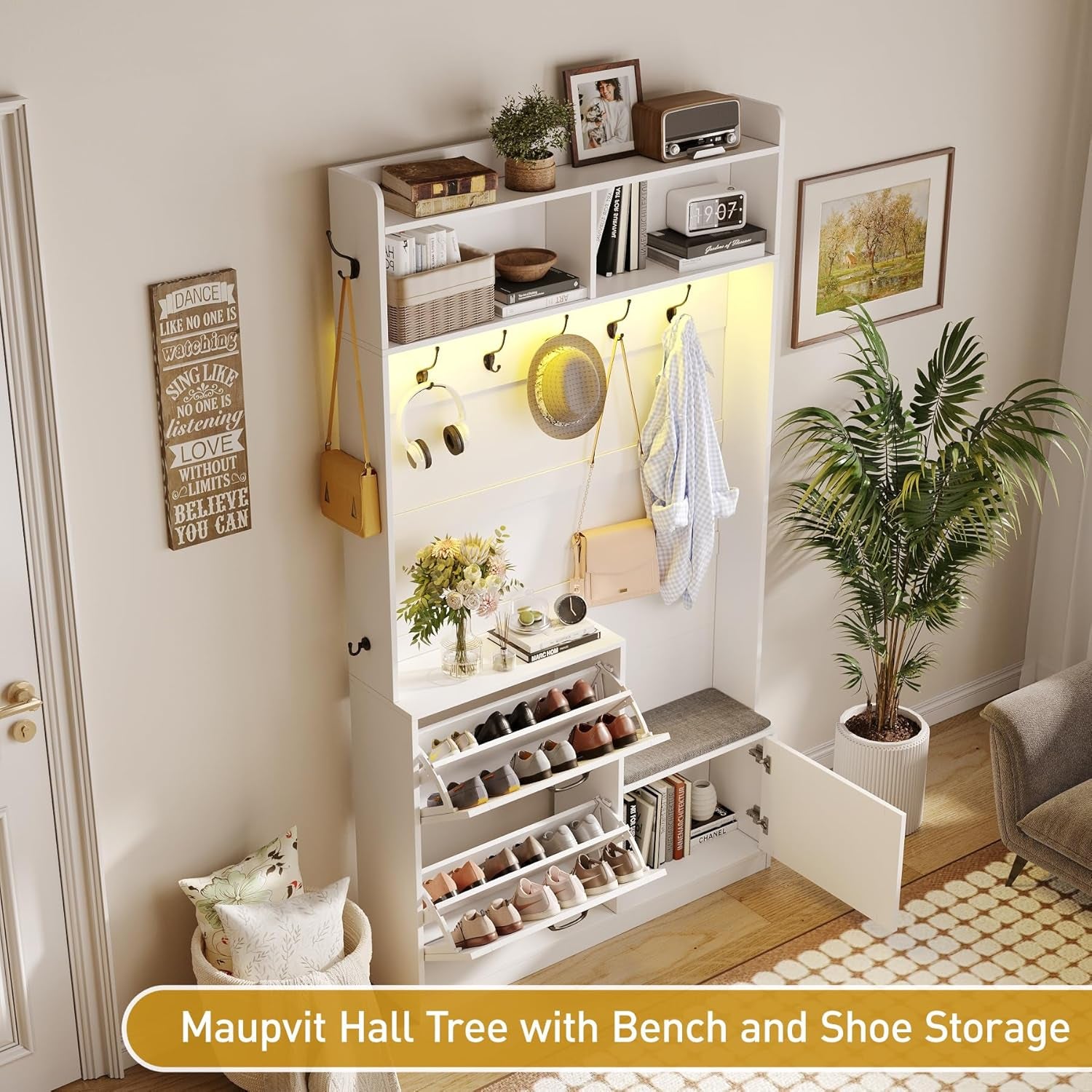 Entryway Hall Tree with Bench and Shoe Storage, 5-In-1 Narrow Hall Tree with LED Light, Cushioned Stool & 9 Hooks, 2 Flip Drawers, 78" Coat Shoe Rack for Mudroom, Hallway, Living Room, White