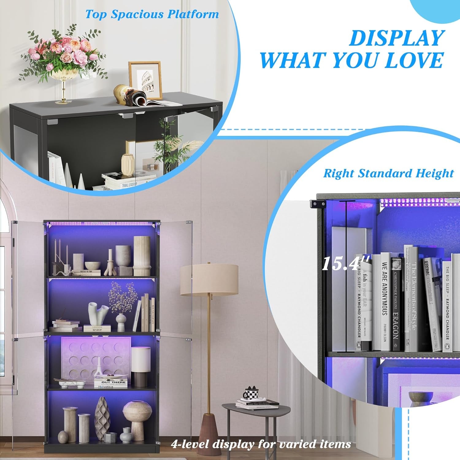 RGB Glass Display Cabinet, App & Remote Controlled Display Case with Music Sync, 4-Tier Tall Curio Cabinet for Collectibles Storage, Tall Bookcase with 4 Shelves (Black, 14"D X 32"W X 65"H)