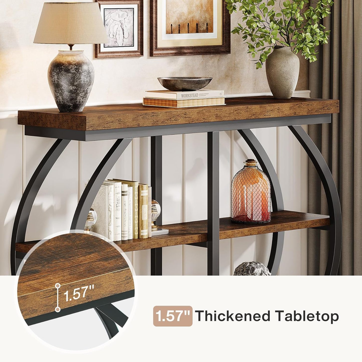 41.3" Console Table, Industrial 3-Tier Entryway Table with Arched Metal Frame and Storage Shelves for Living Room, Hallway, Rustic Brown