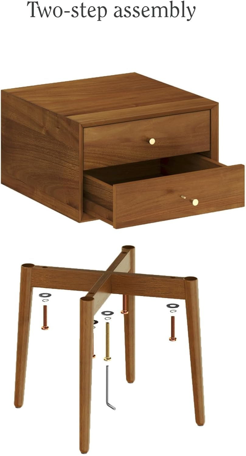 32704 Harper Mid-Century Oak Wood Nightstand with 2-Drawers, Small Side End Table with Storage, Brown