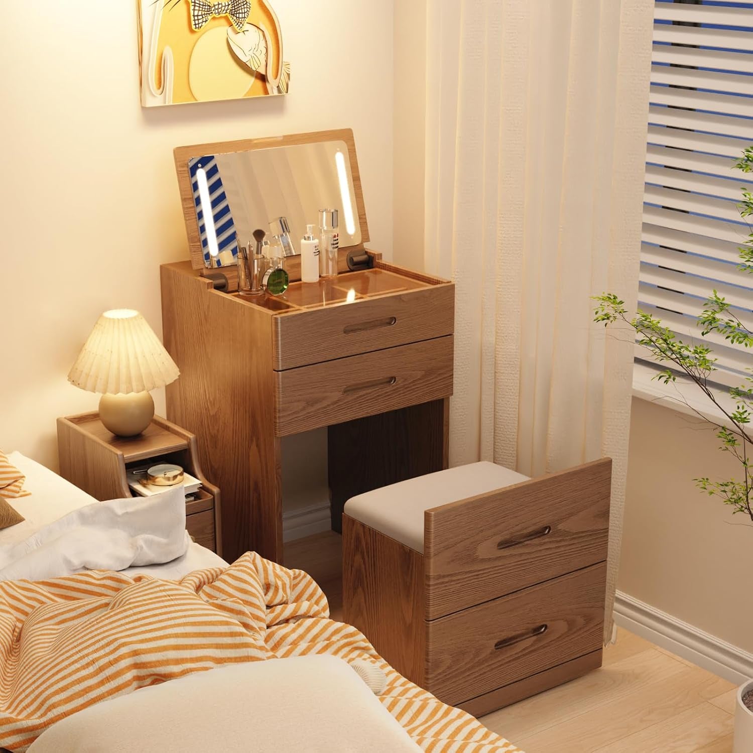 Solid Wood 3 in 1 Vanity Desk with Flip Top Mirror, No Assembly, Compact Vanity with Hidden Chair, Small Makeup Vanity Set with Power Outlet, Dressing Table for Bedroom, Walnut