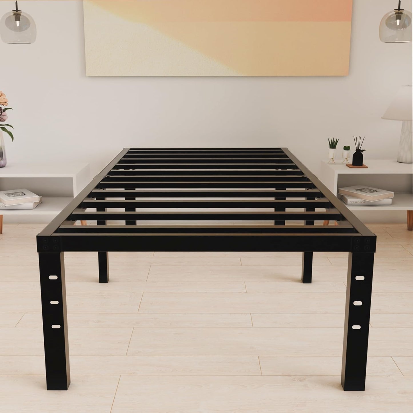 18 Inch Metal Twin Bed Frame No Box Spring Needed - Easy Assembly Heavy Duty Noise Free Narrow Bedframes - Single Black Basic Steel Slats Platform with Storage