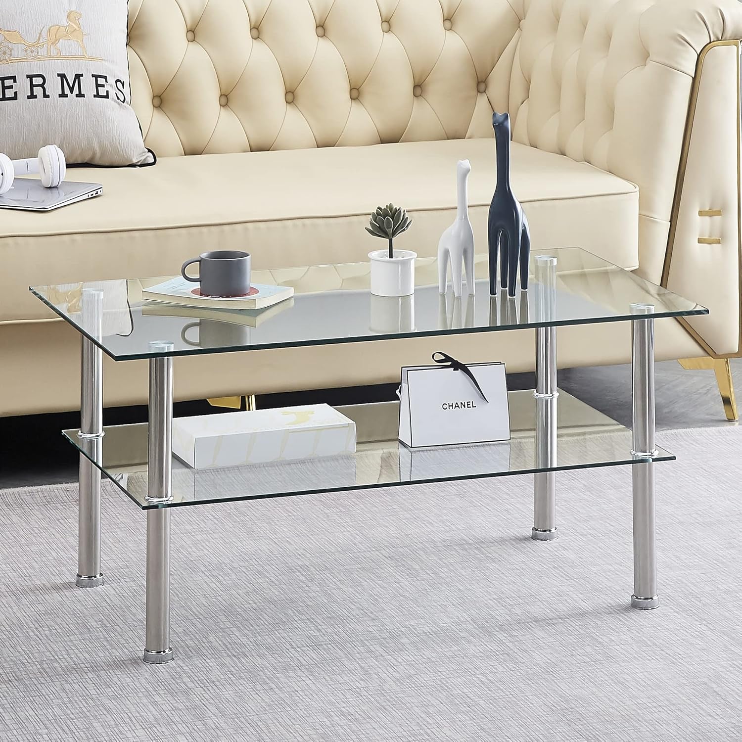 Glass Coffee Table Set of 3, Modern Clear Transparent Living Room Tables, Coffee Table and End Tables Set, Small Modern Waterfall Glass Table Set, 3PCS