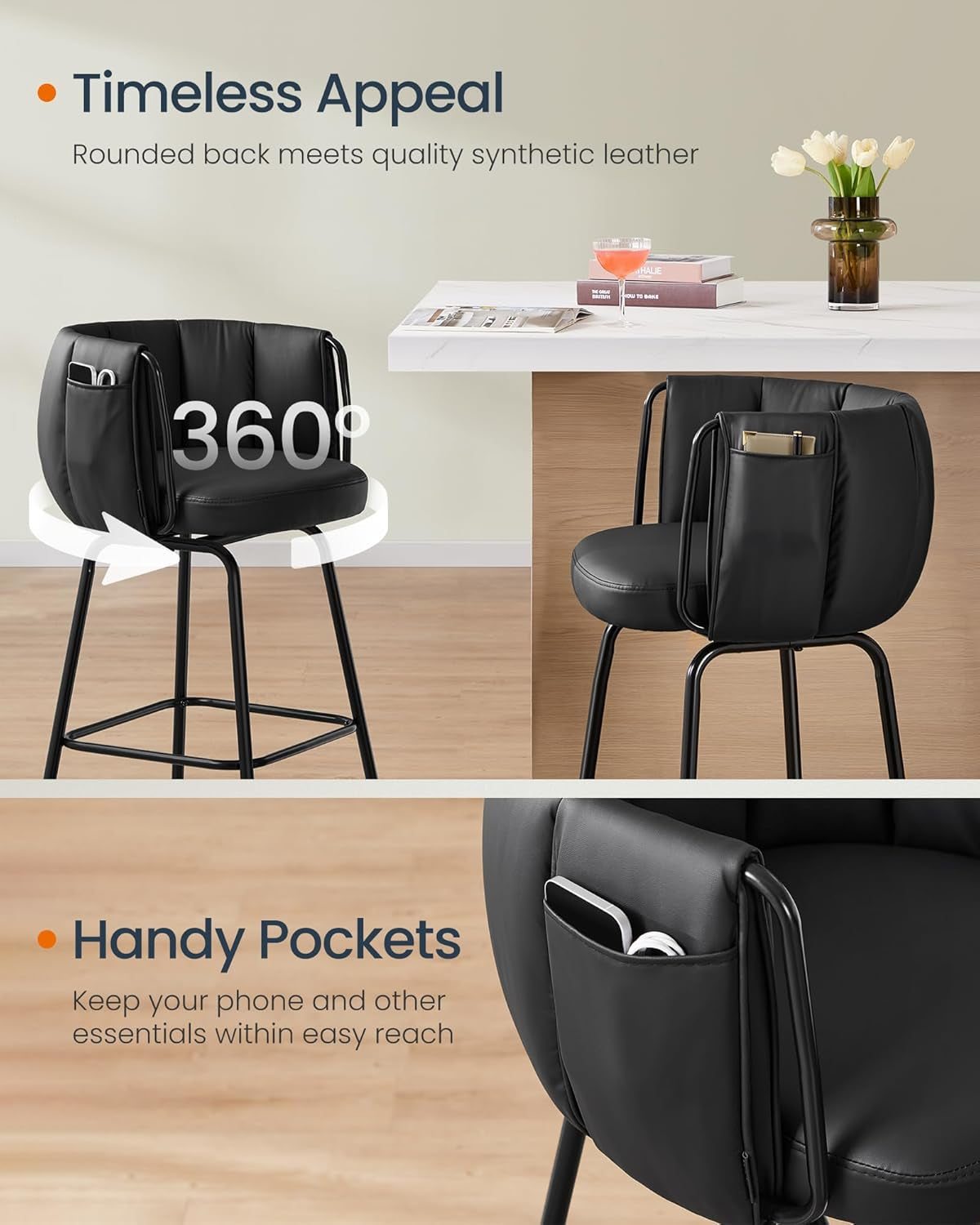 360° Swivel Bar Stools Set of 2, Barstools with Curved Back, Upholstered Counter Bar Stools with Footrest, Metal Tapered Legs, for Kitchen Island, Dining Room, Ink Black ULBC123B02