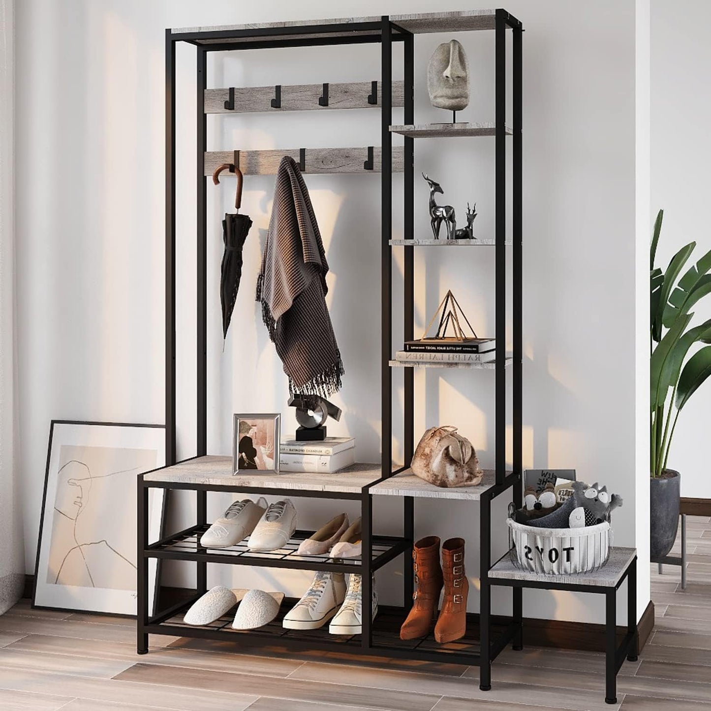 Hall Tree with Shoe Storage Bench Coat Rack with 7 Hooks Interchangeable 4 Tier Side Storage Shelves Small Cute Side Bench Industrial 5-In-1 Entryway Coat Rack for Hallway Mudroom Bedroom