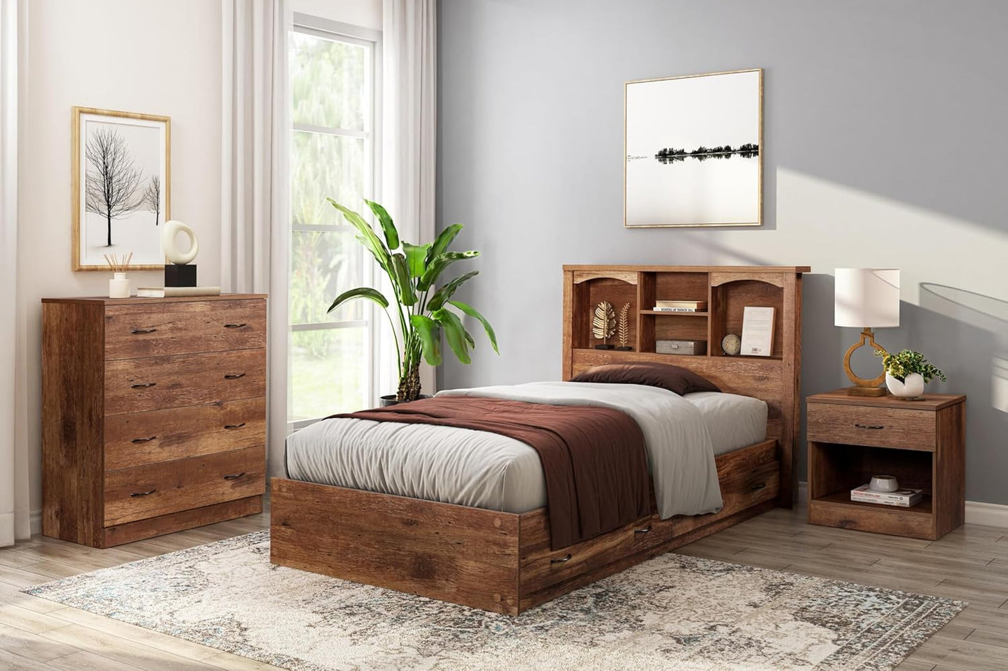 Model 6008K Twin Sized Bookcase Headboard and Twin Sized Platform Bed Combo in Mountain Oak