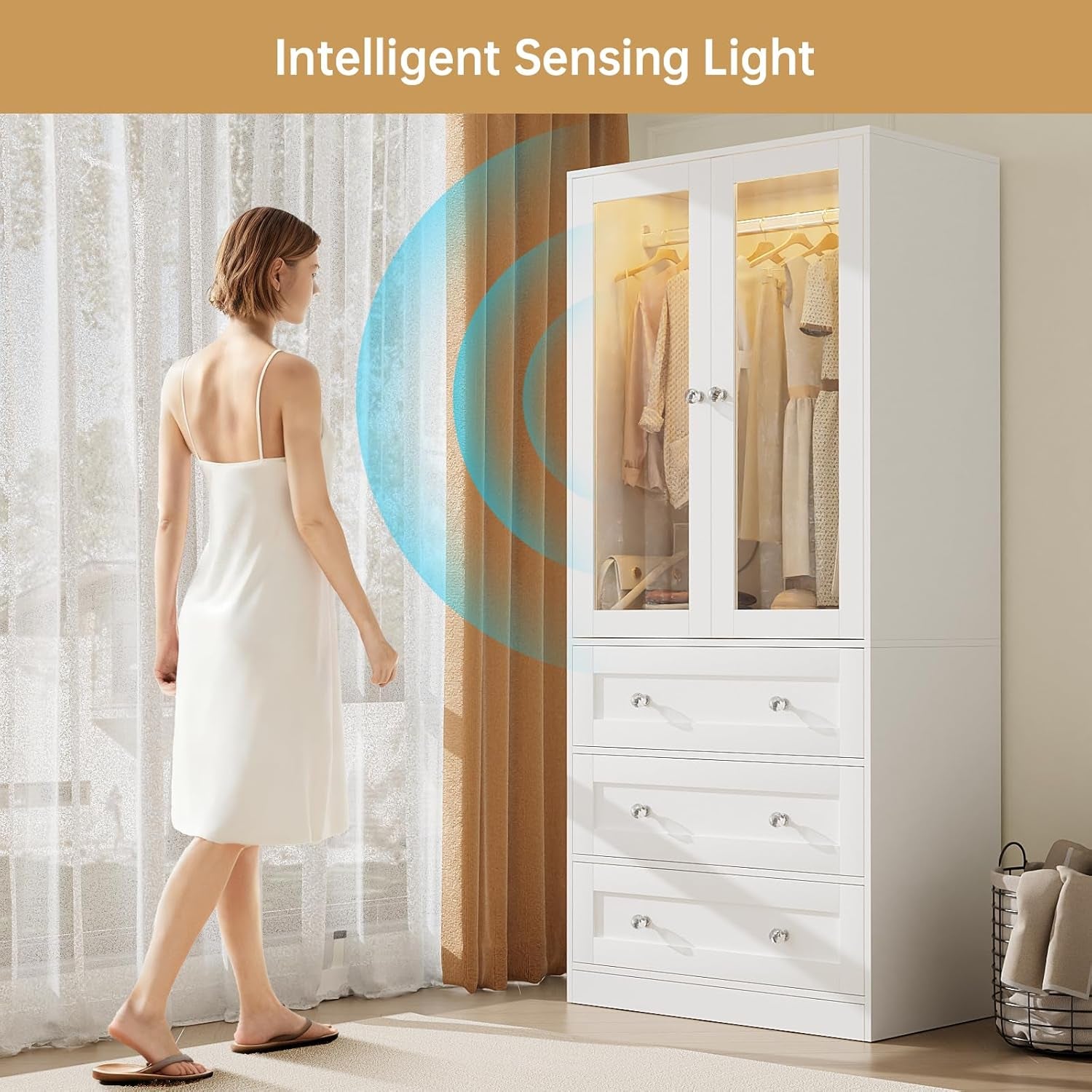 75" Tall Armoire Wardrobe Closet with Drawers & Lights, Clothing Storage Cabinet with 2 Glass Doors & Hanging Rod, Wooden Armoire Storage Cabinet for Bedroom