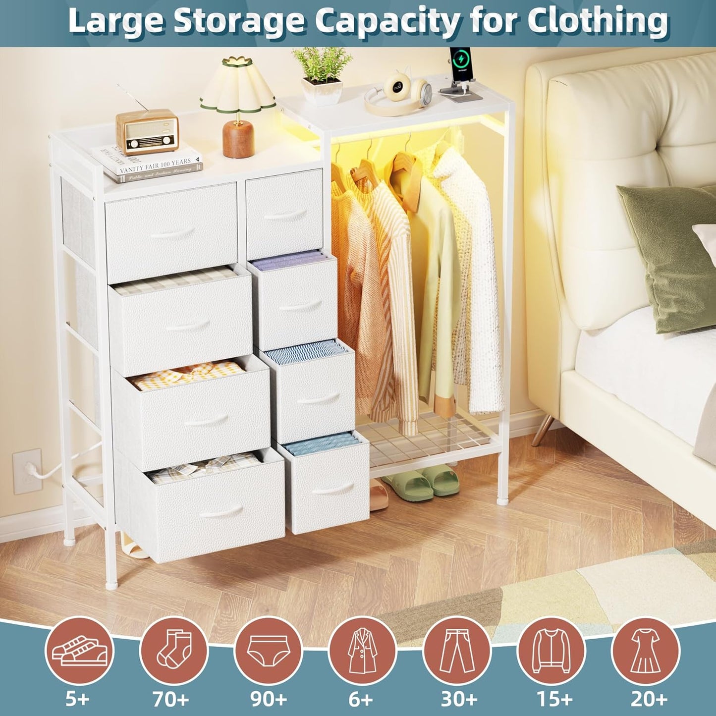 Dresser with Hanging Rack, 8-Drawer Dresser for Bedroom with Charging Station & LED Lights, Kids Dressers with Shoe Rack, Chest of Drawers with Wooden Top for Bedroom, Kids Room, White, 11.8"D