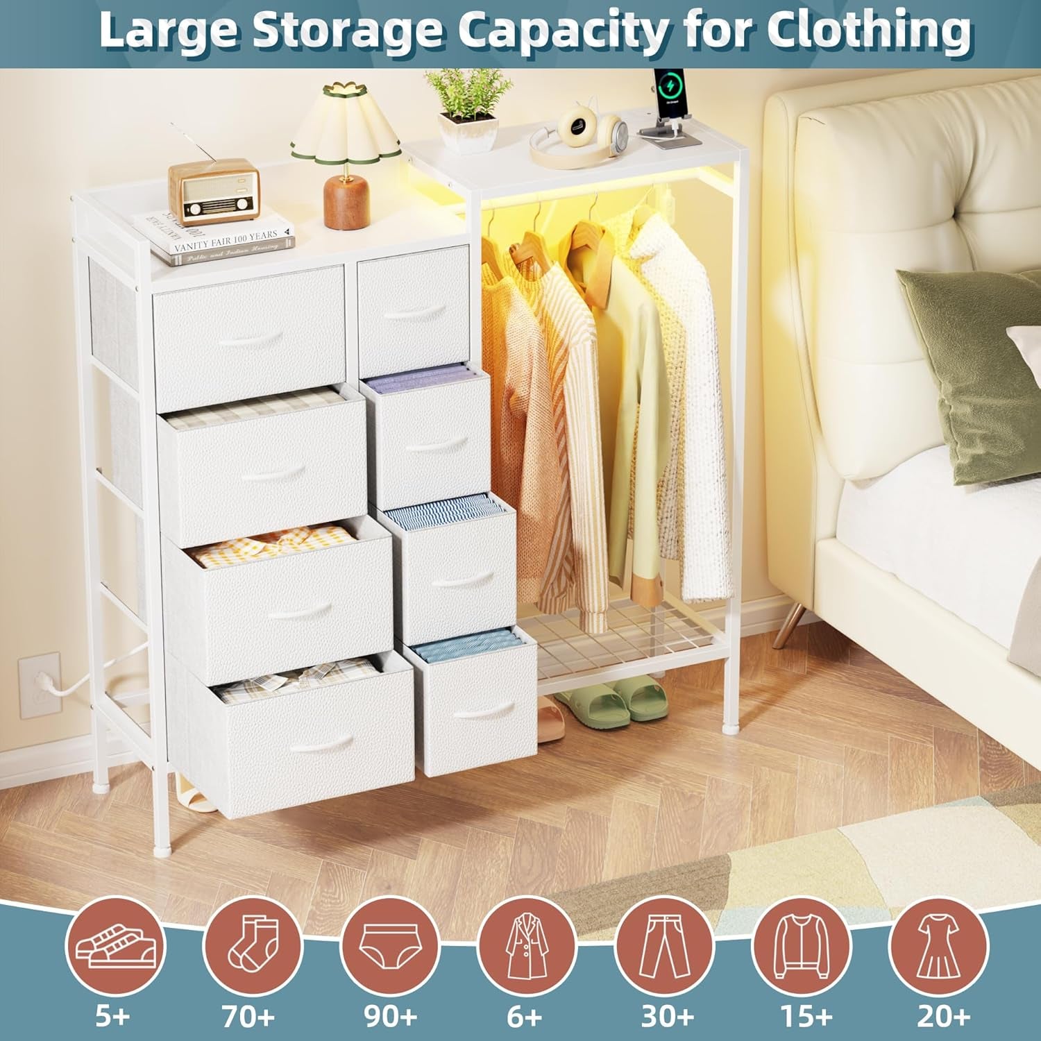 Dresser with Hanging Rack, 8-Drawer Dresser for Bedroom with Charging Station & LED Lights, Kids Dressers with Shoe Rack, Chest of Drawers with Wooden Top for Bedroom, Kids Room, White, 11.8"D
