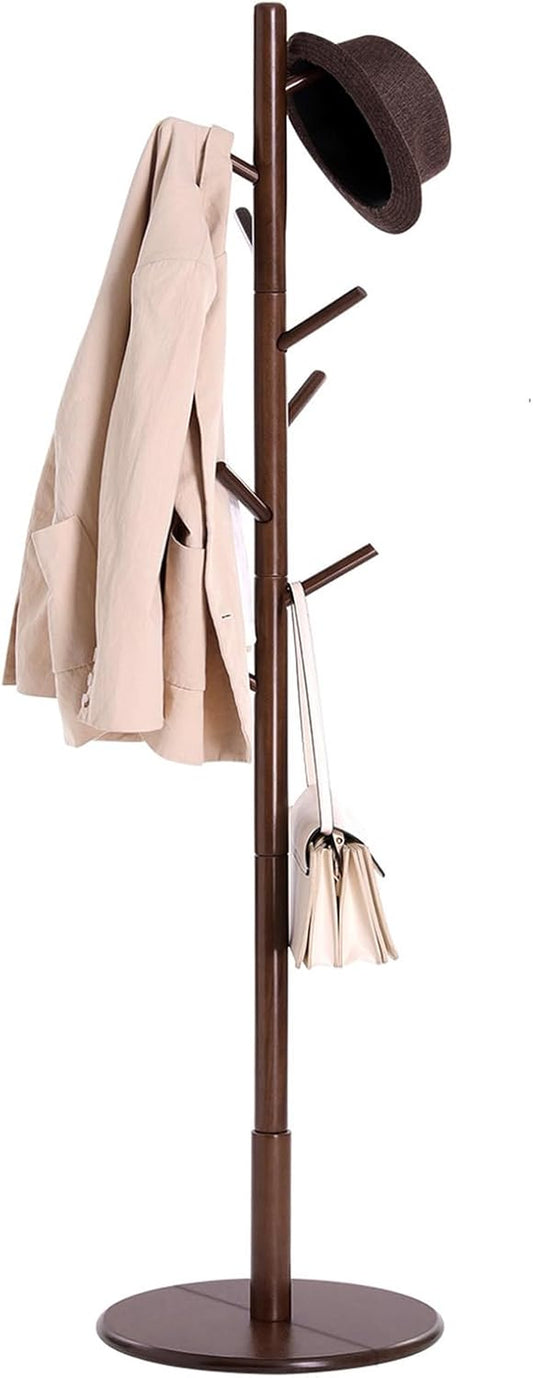 Solid Wood Coat Rack, Free Standing Hall Coat Tree with 8 Hooks, 3 Height Options, for Coats, Hats, Bags, Purses, for Entryway, Hallway, Rubberwood Hooks and Pole, Dark Walnut URCR009W01