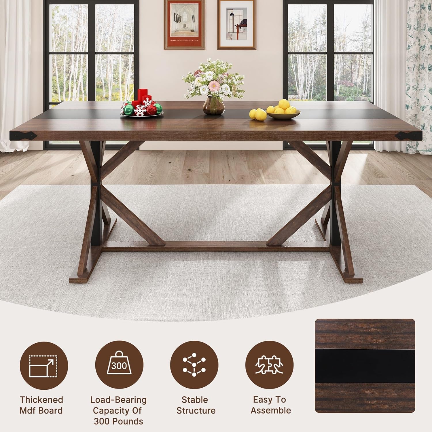 71 Inch Dining Table for 6 People, Rectangular Kitchen Farmhouse Table W/Thickness Waterproof Wood Tabletop,Long Dining Room Tables W/Wood Strip Base for Kitchen Living Room(Br)