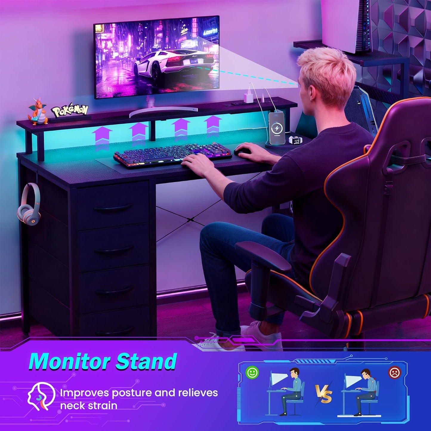 59 Inch Gaming Desk with LED Lights and Power Outlets, Computer Desk with Storage Shelves, Fabric Drawers, Monitor Stand & Side Hook, Reversible Gamer Table for Home Office, Carbon Fiber Black