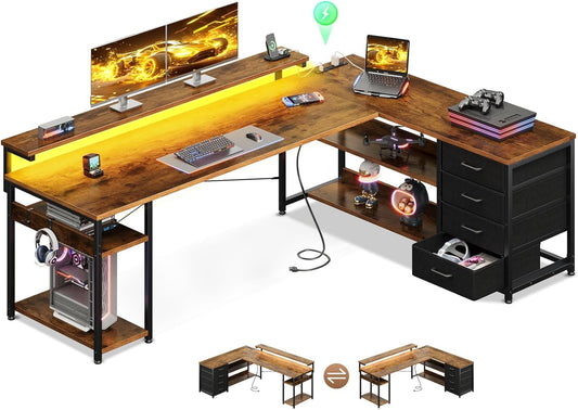 69" L Shaped Desk with Drawer, Computer Desk with Power Outlets & LED Lights, Reversible Corner Gaming Desks for Home Office Workstation, Office Table with Monitor Shelf, Vintage
