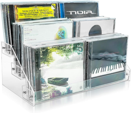 3Tier Clear Acrylic CD Holder Cascading CD Storage Rack,Dvd/Cd Display Rack & Vinyl Record Storage Stand Holds up to 24 Standard CD Cases for Media Shelf Storage and Organization (Clear, Medium Size)