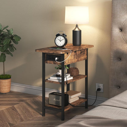 End Table with Charging Station, Flip Top Side Table with USB Ports and Outlets, Nightstand for Small Spaces, Bedside Tables with Storage Shelf for Living Room, Bedroom, Brown