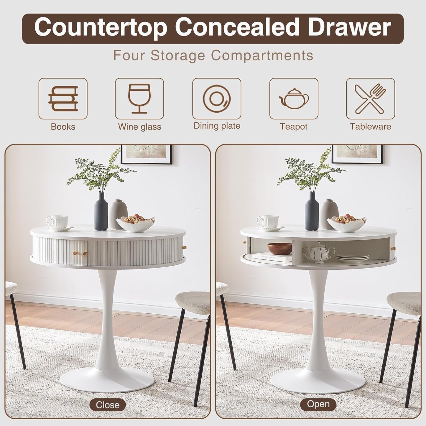 31.5"W round Fluted Pedestal Table for 2 3 4, White Circle Kitchen Dinner Table with Hidden Storage, 31''H Small Tulip Breakfast Desk with Sliding Door, Metal Base for Kitchen, Cafe, Patio, Courtyard