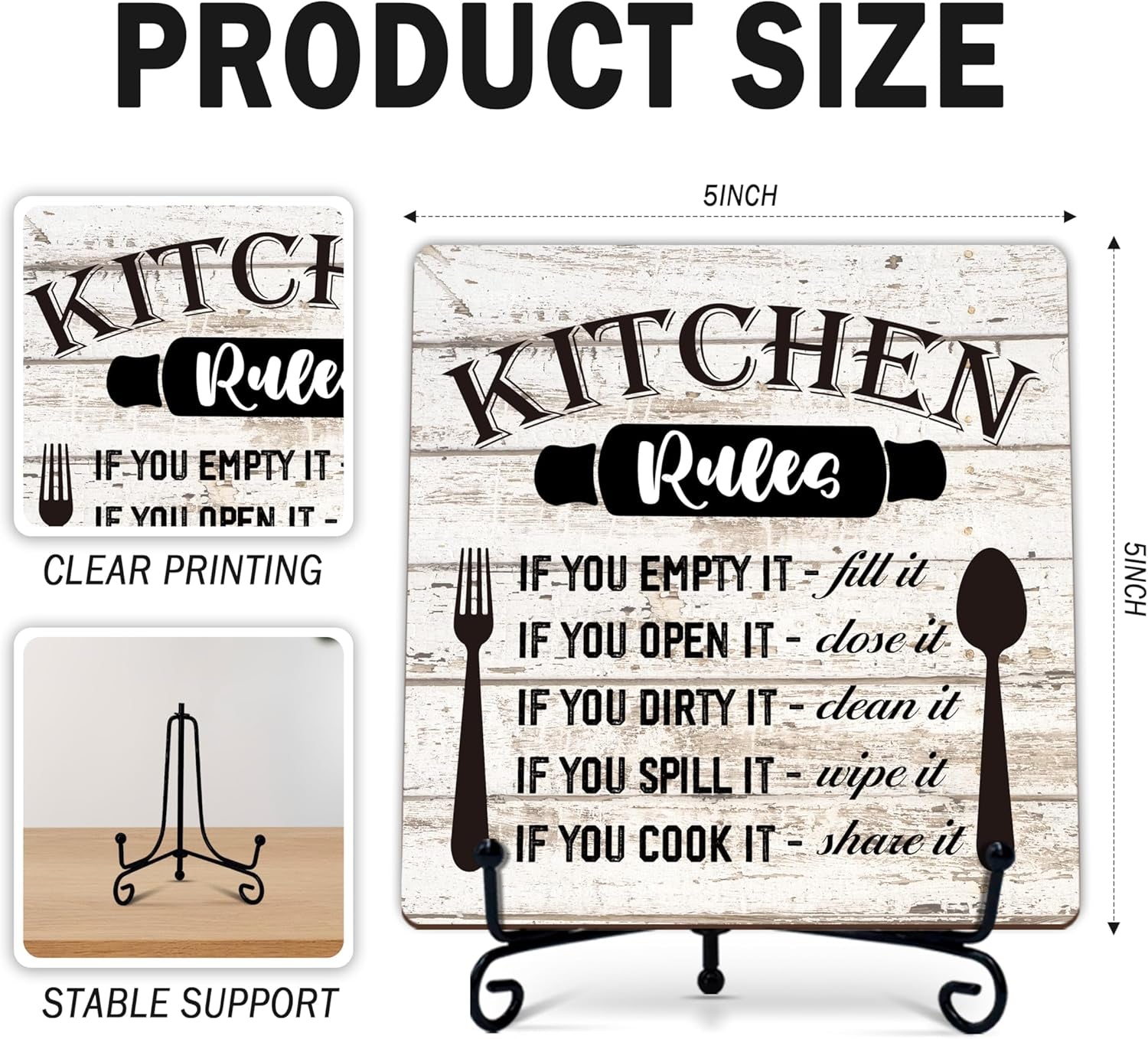 Rustic Wood Plaque with Stand - Kitchen Decor - Kitchen Rules Wood Sign - Idea Wooden Decor for Home Living Room Dining Room Shelf Table Decoration (31)