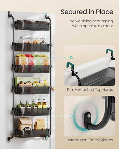 over the Door Pantry Organizer, 6-Tier Kitchen Pantry Door Organizer with Adjustable Tall Baskets, Hanging Spice Rack, for Bedroom Bathroom Laundry Room, Transparent Black UKCS046BH01