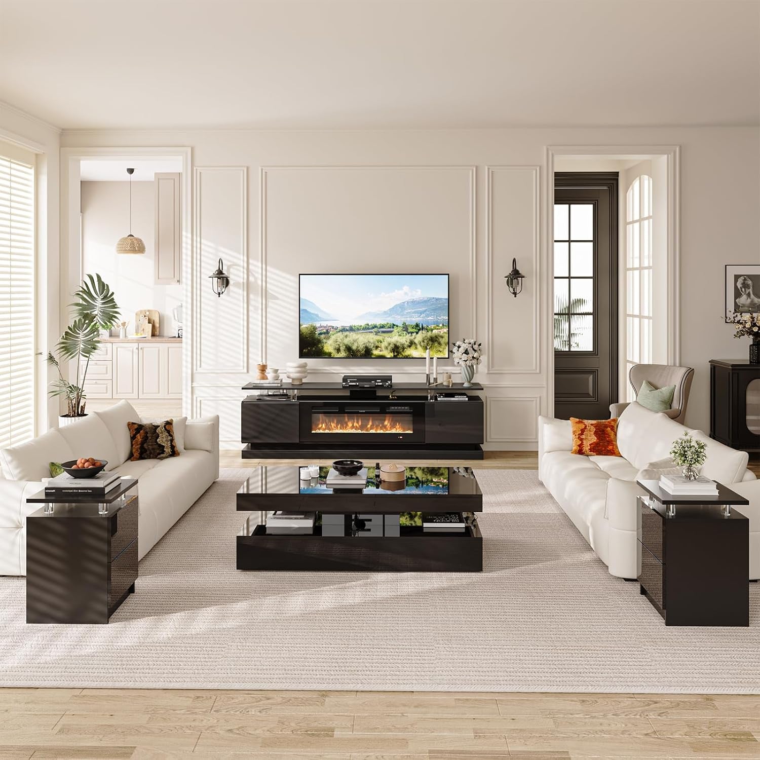 4-Piece Modern Living Room Table Set, Includes High Gloss 70" Fireplace TV Stand, LED Coffee Table and End Tables Set of 2 with Storage Drawers, Black