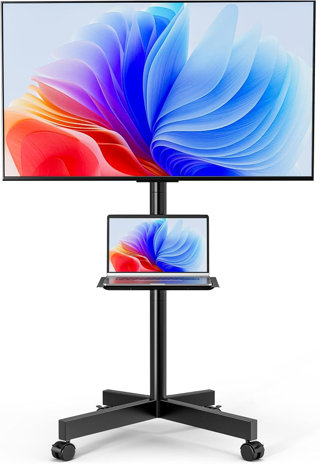 Mobile TV Stand for 23-65 Inch LCD LED Flat/Curved Panel Screen Tvs, Height Adjustable Rolling Floor TV Cart with Tilt Mount and Shelf, Portable Stand Holds up to 110 Lbs, Max VESA 400X400Mm