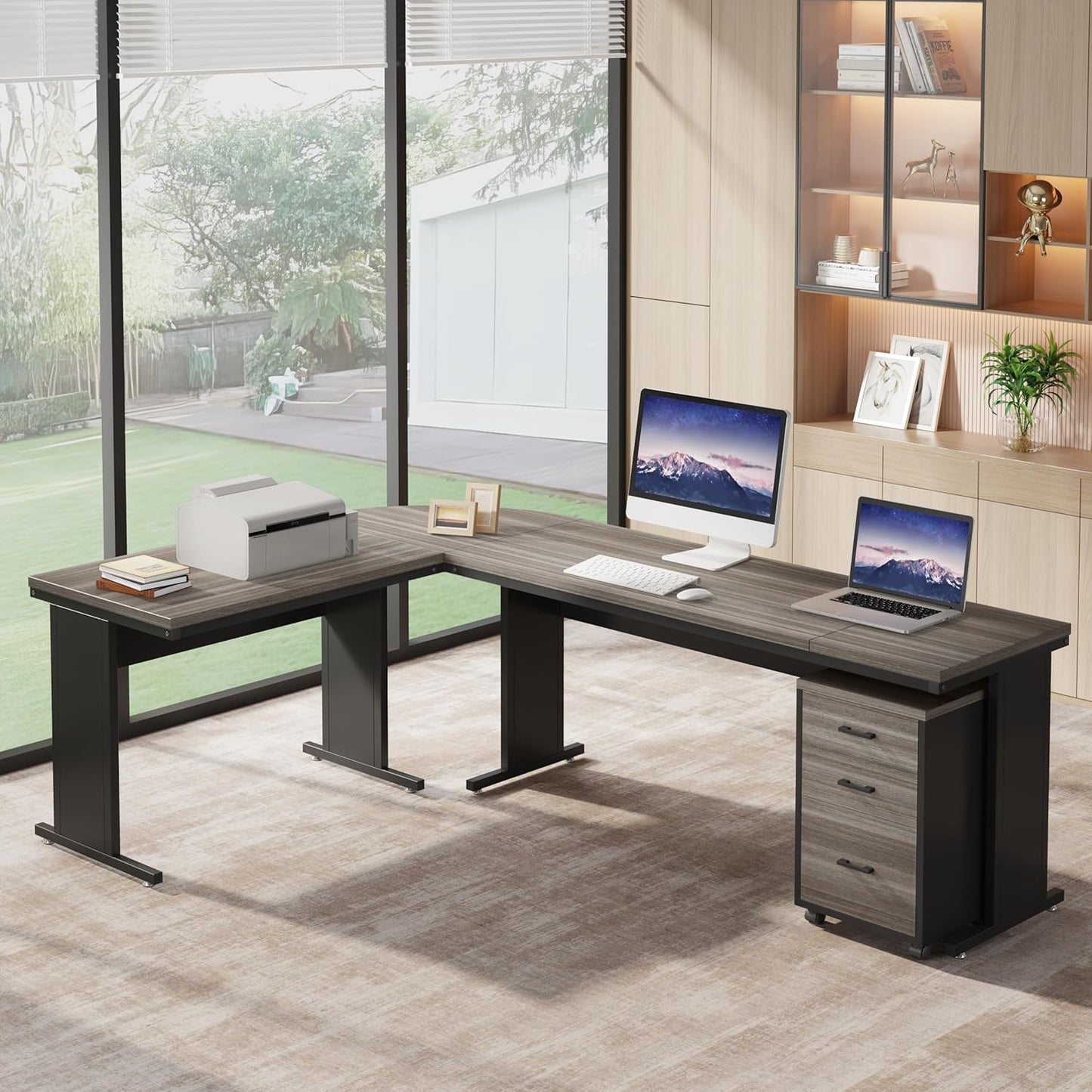 83" L-Shaped Executive Desk, Reversible Modern Office Desk with Drawers & Rolling File Cabinet, Large Corner Computer Desk Business Workstation for Home Office (Gray)