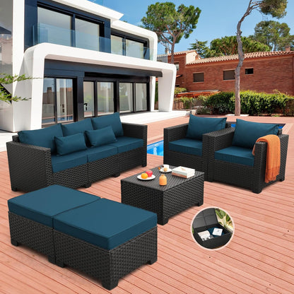 Patio Furniture Set 6 Pieces Couch Outdoor Chairs Coffee Table Peacock Blue Anti-Slip Cushions and Waterproof Covers