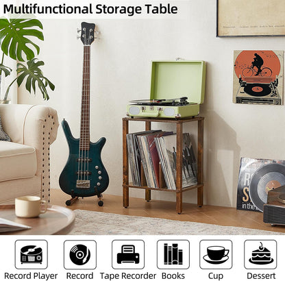 2-Tier Record Player Stand with Vinyl Record Storage up to 100 Albums, Bedroom Record Holder and Multi-Functional End Table for Living Room, Brown