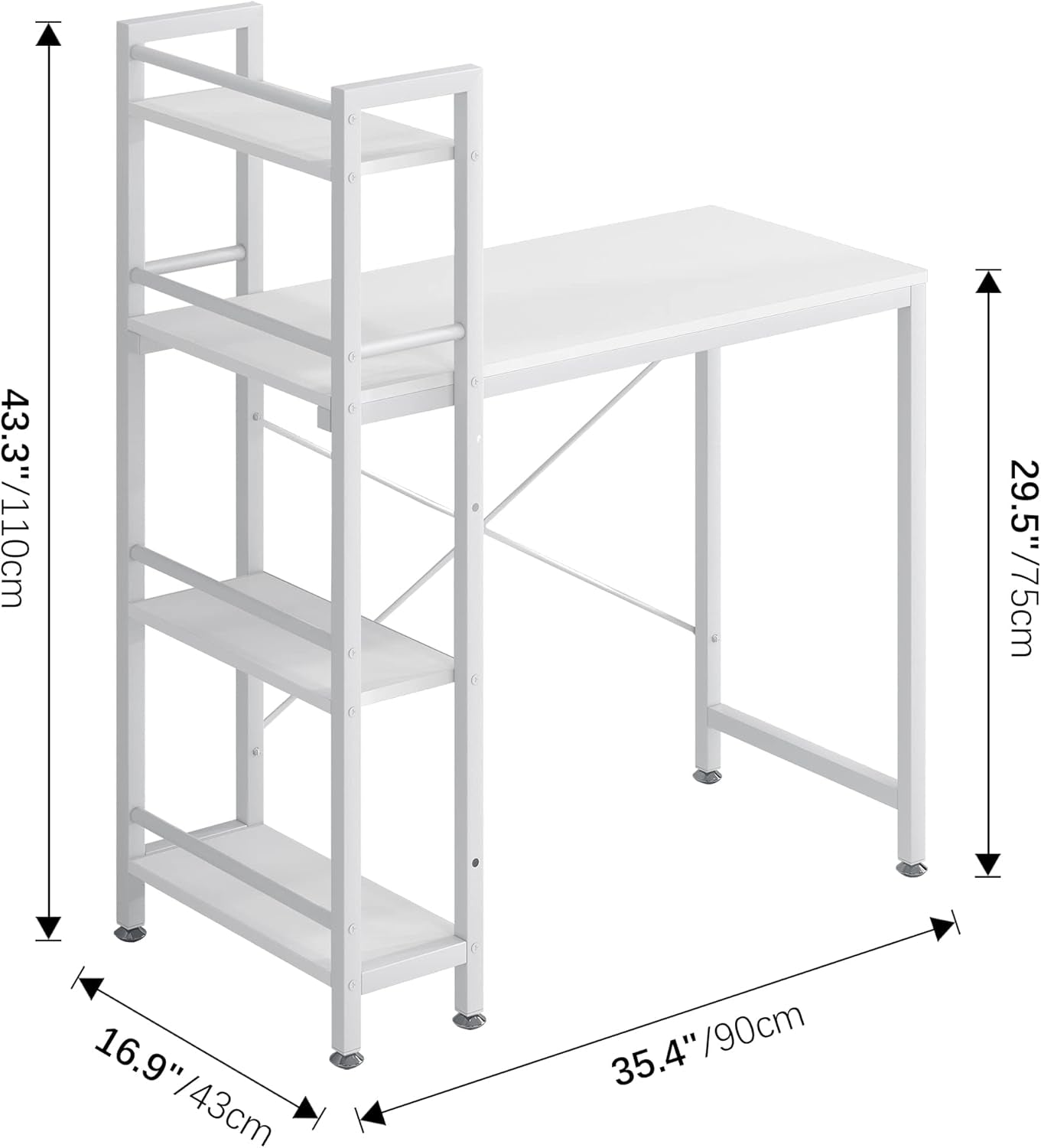 35" Small Computer Desk with 4-Tier Bookshelf, Home Office Desk Writing Workstation Study Table Multipurpose for Small Space Work - All White