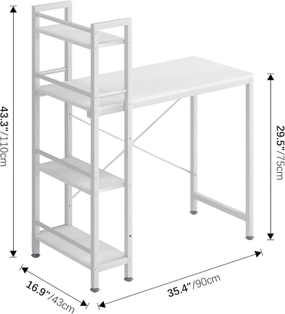35" Small Computer Desk with 4-Tier Bookshelf, Home Office Desk Writing Workstation Study Table Multipurpose for Small Space Work - All White