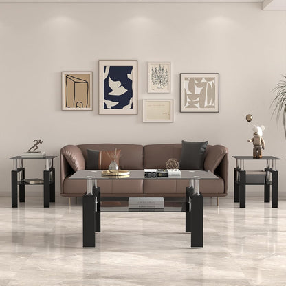 Black Glass End Tables, Small Glass Top End Table, Black Side Table, Square Shape, Tempered Glass Top, Metal Frame, for Living Room Bedroom (1Pcs End Table)